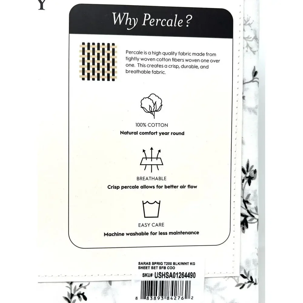 Laura Ashley Percale Cotton KING Sheet Set BLACK White SARAHS SPRIG 4 Pcs. NWT